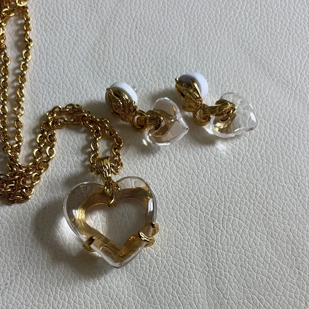 Gold and Clear Heart Necklace and Earrings Set - Picture 10 of 10